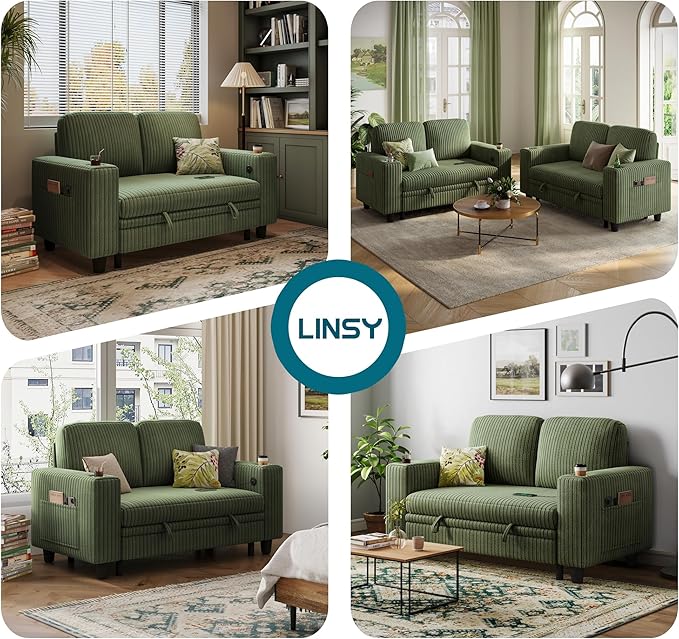 LINSY HOME Loveseat Sofa with Pull Out Couch Chaise: 2-in-1 Convertible 2