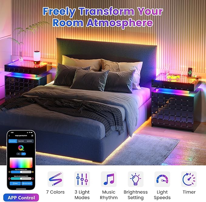 Night Stand with Charging Station and Smart RGB Lights, LED Nightstand with