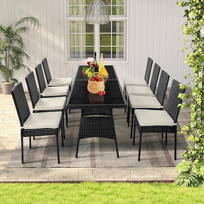 Tangkula 10 Pieces Wicker Patio Dining Set, Outdoor Rattan Table & Chairs Set