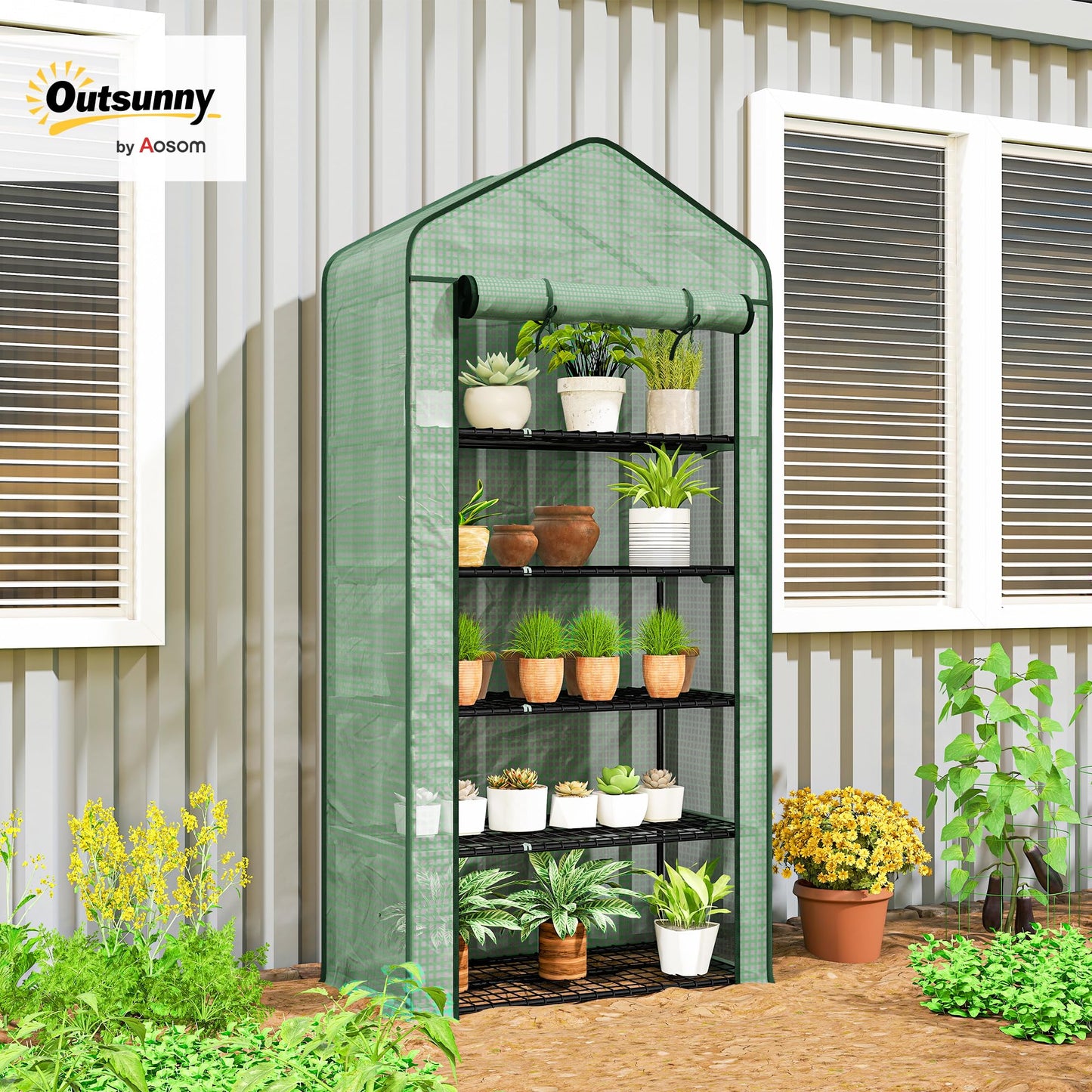 Outsunny 5 Tier Mini Greenhouse, 76" x 35.4" x 19.3" Small Portable Greenhouse with Reinforced PE Cover, Roll-Up Zippered Door, for Indoor Outdoor Garden Yard Backyard, Green