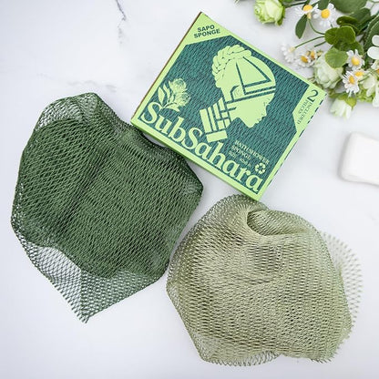 SubSahara Authentic African Net Sponge - 2 Pack Exfoliating Bath & Shower Loofah Sponge for Body & Face, Gentle Scrubber for All Skin Types, Travel, Durable Polyester (Olive Green & Light Green)