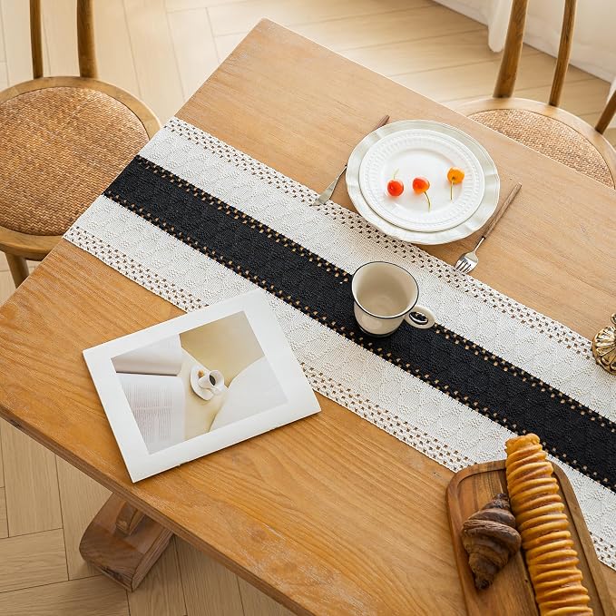 FEXIA Boho Table Runner for Summer Home Decor with Tassels 36 Inches Long Farmhouse Rustic Black Gothic Table Runner Macrame Gothic Burlap Table Decoration for Kitchen Living Room (12x36 Inches)
