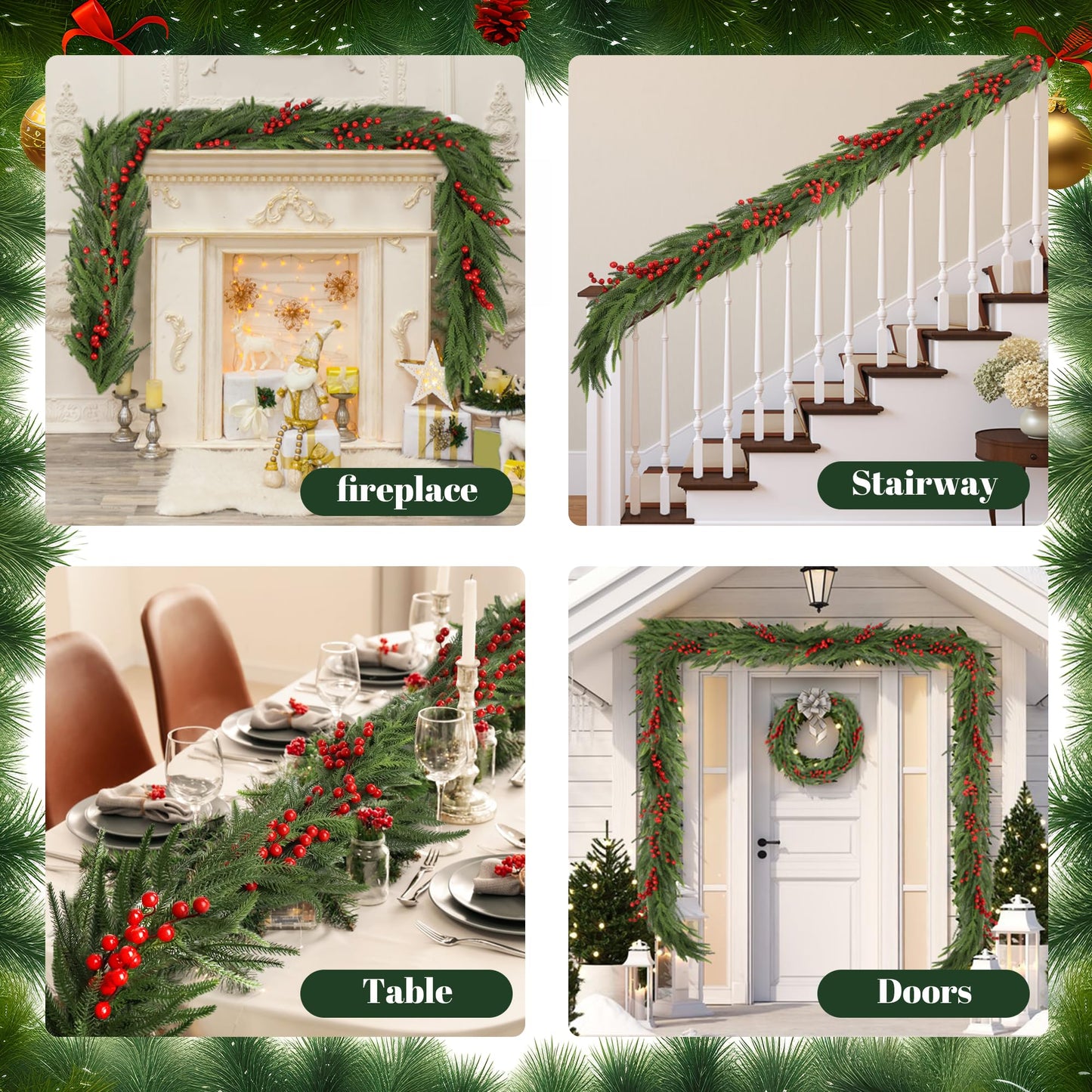 Christmas Norfolk Pine Garland 2PCS 9FT,Real Touch Faux Winter Greenery Garland with Light for Stairs Table Fireplace Backdrop Wall,Christmas Holiday Seasonal Winter Decor