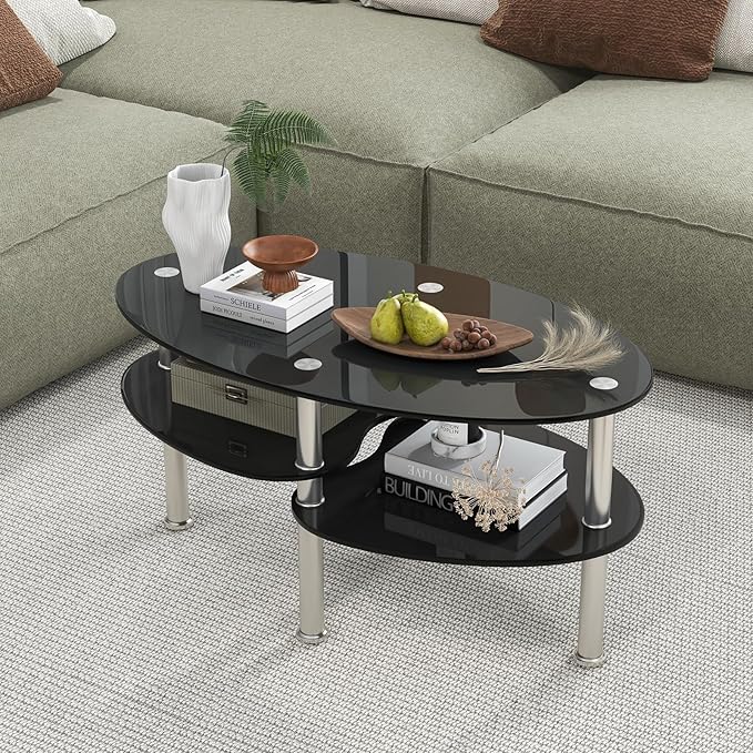 Tangkula Glass Coffee Table, 2-Tier Modern Oval Smooth Glass Tea Table End Table