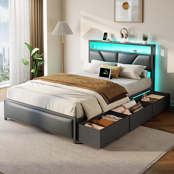 OURPIC Full Size Bed Frame, 2-Tier Storage Headboard & 6 Fabric Drawers