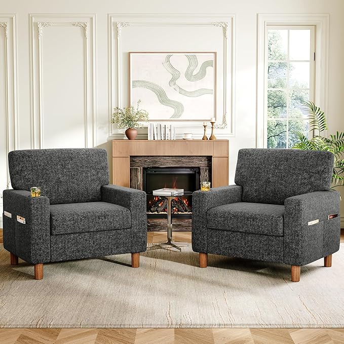 Mid Century Modern Accent Chairs Set of 2, Chenille Comfy Living Room Arm Chairs