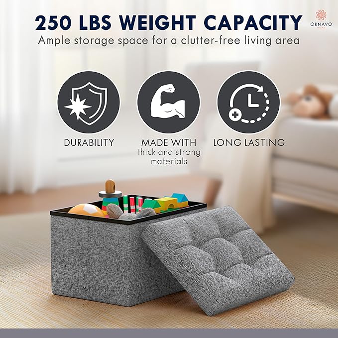 Ornavo Home Small Storage Ottoman, Foldable Collapsible Rectangle Linen Ottoman