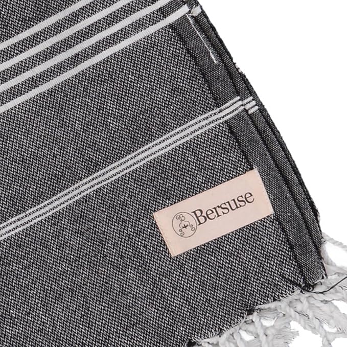 Bersuse Towels Anatolia XL Beach Blanket Throw Blanket Turkish Towel 100% Cotton Extra-Large Quick-Dry Lightweight Premium Peshtemal Towel - 61x82 Inches, Black