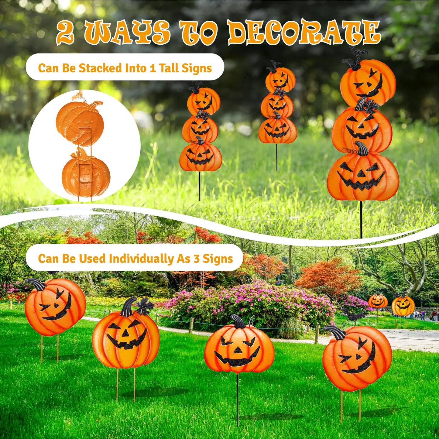 CAMATET Halloween Metal Pumpkin Yard Stakes, Stackable Pumpkin Signs Garden Stake with Witch Door Hanging, Outdoor Halloween Decorations for Lawn Party (Set of 3, Style B)
