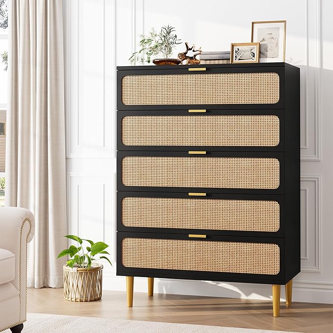 GarveeHome Rattan 5 Drawer Dressers