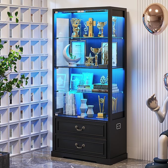 FREDEES Display Cabinet with Glass Doors, Tall Bookcase with 3 Color Lights and