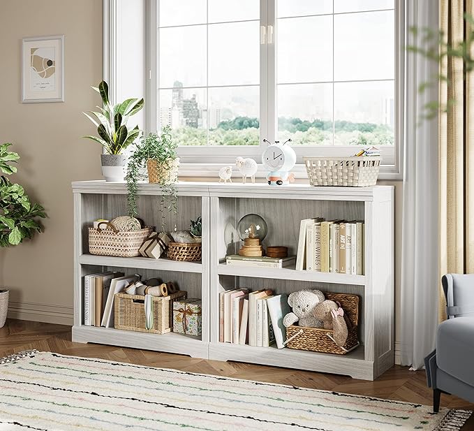LINSY HOME 2-Tier Bookcase and Bookshelf, Small Wood Display Storage Shelves