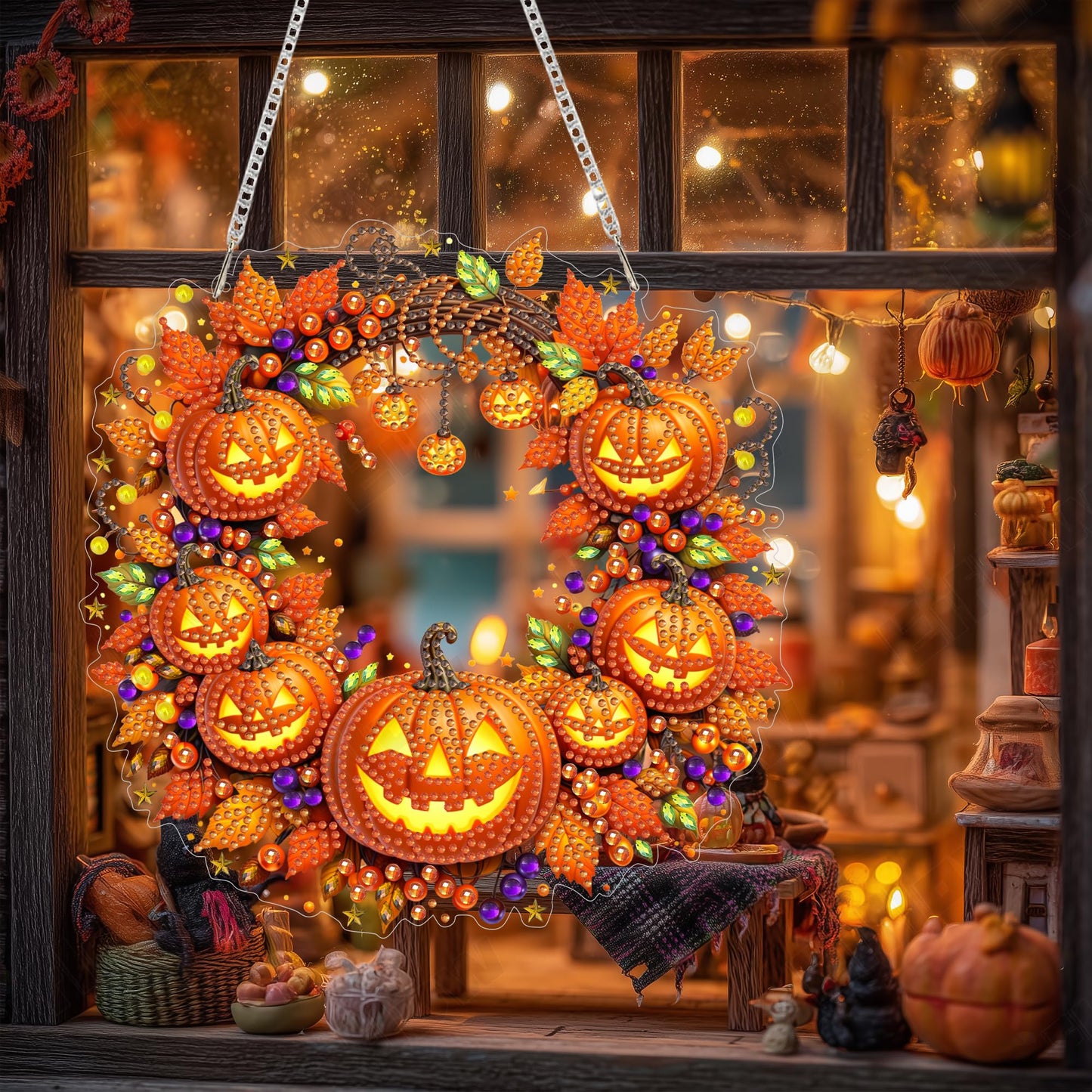 Eiflow Acrylic Diamond Art Hanging Kit for Adults Halloween, DIY Diamonds Painting Door Hanger Board Kit, Special Crystal Diamond Art Painting Pendant Ornament (Pumpkin Wreath)