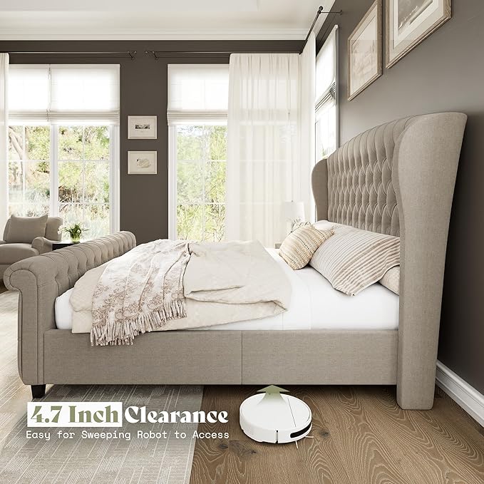 AMERLIFE King Size Platform Bed Frame, Linen Upholstered Sleigh Bed