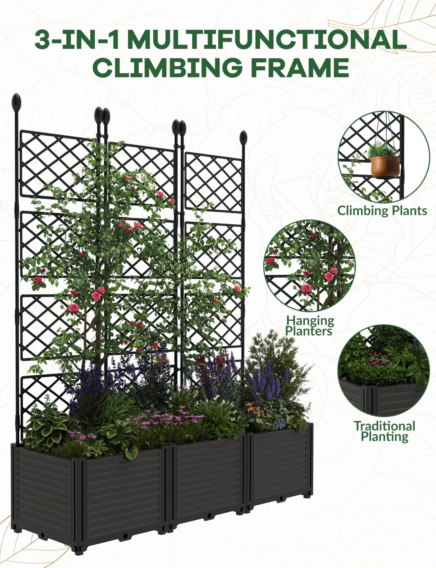 BouPower 3pcs Raised Garden Bed with Trellis, 63" h Tall Vertical Planter Box for Climbing Plants, Outdoor Garden Planter Box with Drainage Holes & Privacy Screen for Patio Balcony, Black