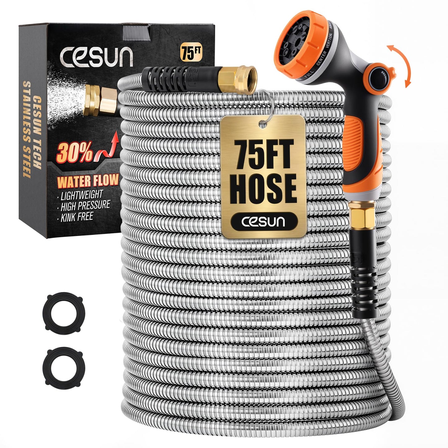 Cesun 75 ft Metal Garden Hose, Stainless Steel Heavy Duty Water Hose With 10 Function Nozzle, No Kink & Flexible, Lightweight and Durable, Rust Proof for Yard, RV, Pet Bath, Outdoor, 75 foot x 5/8"