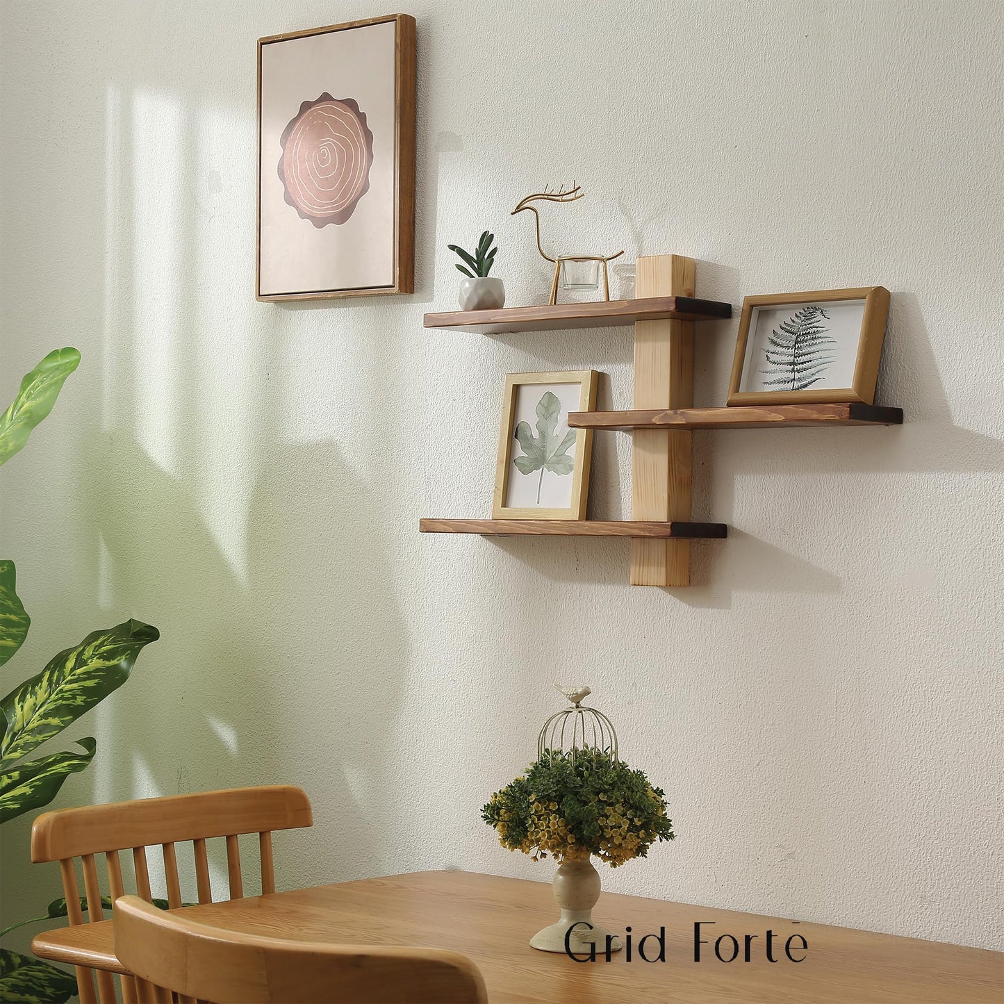 GRID FORTE Wood 3 Tier Floating Shelf, Large Minimalist Wall Shelves, Mid Century Modern Furniture, Art Deco, Plant Rock Crystal Shelving for Bedroom Living Room Office Bathroom