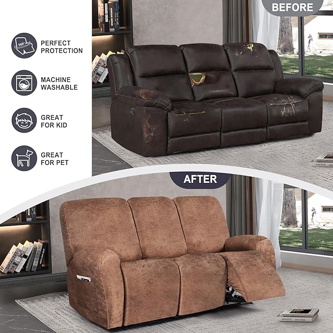 ANARACHON Leather Look Recliner Couch Cover, 8-Pieces Stretch Recliner Sofa