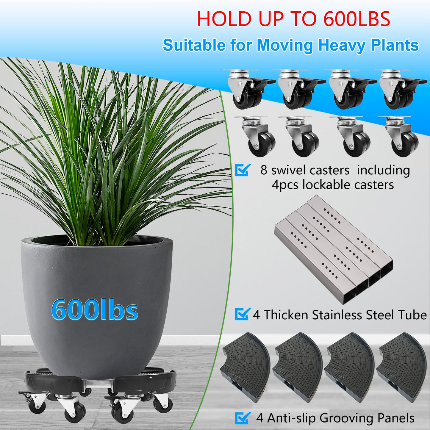 CASIMR Plant Stand with Wheels, Heavy Duty Plant Caddy with 8 Twin Casters, 2 Pack Adjustable 15-20 Inch Indoor Outdoor Large Rolling Plant Stand Planter Cart Dolly for FlowerPot, 600lbs Capacity