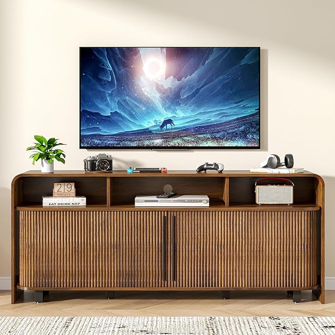 Walnut TV Stand for 65 70 75 Inch TV, Fluted Mid Century Modern TV Console