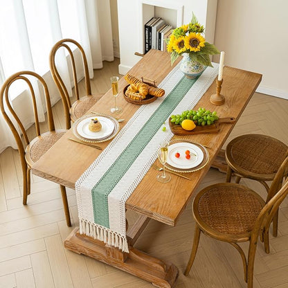FEXIA Boho Table Runner for Home Decor with Tassels 108 Inches Long,Sage Green Farmhouse Rustic Table Runner Macrame Burlap Table Decoration for Living Room Bridal Shower(12x108 Inches)