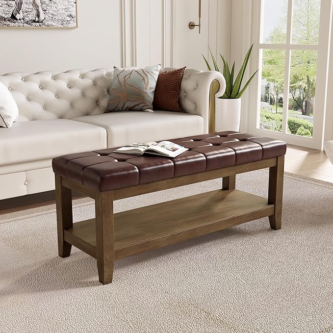 ABHENG Solid Rubber Wood Shoe Bench, Easy-Clean PU Upholstered Seat, 770LB Load