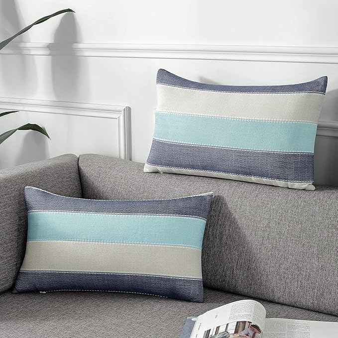 AmHoo Pack of 2 Farmhouse Stripe Check Throw Pillow Covers Set Case Cotton