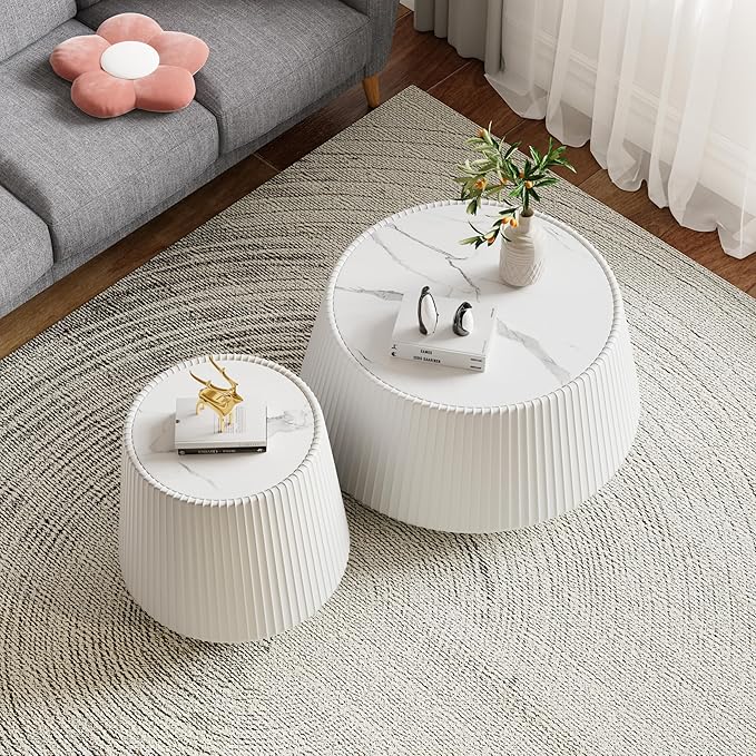 Modern Marble Nesting Coffee Table Set of 2, 26.77" Cup Shaped Coffee and End