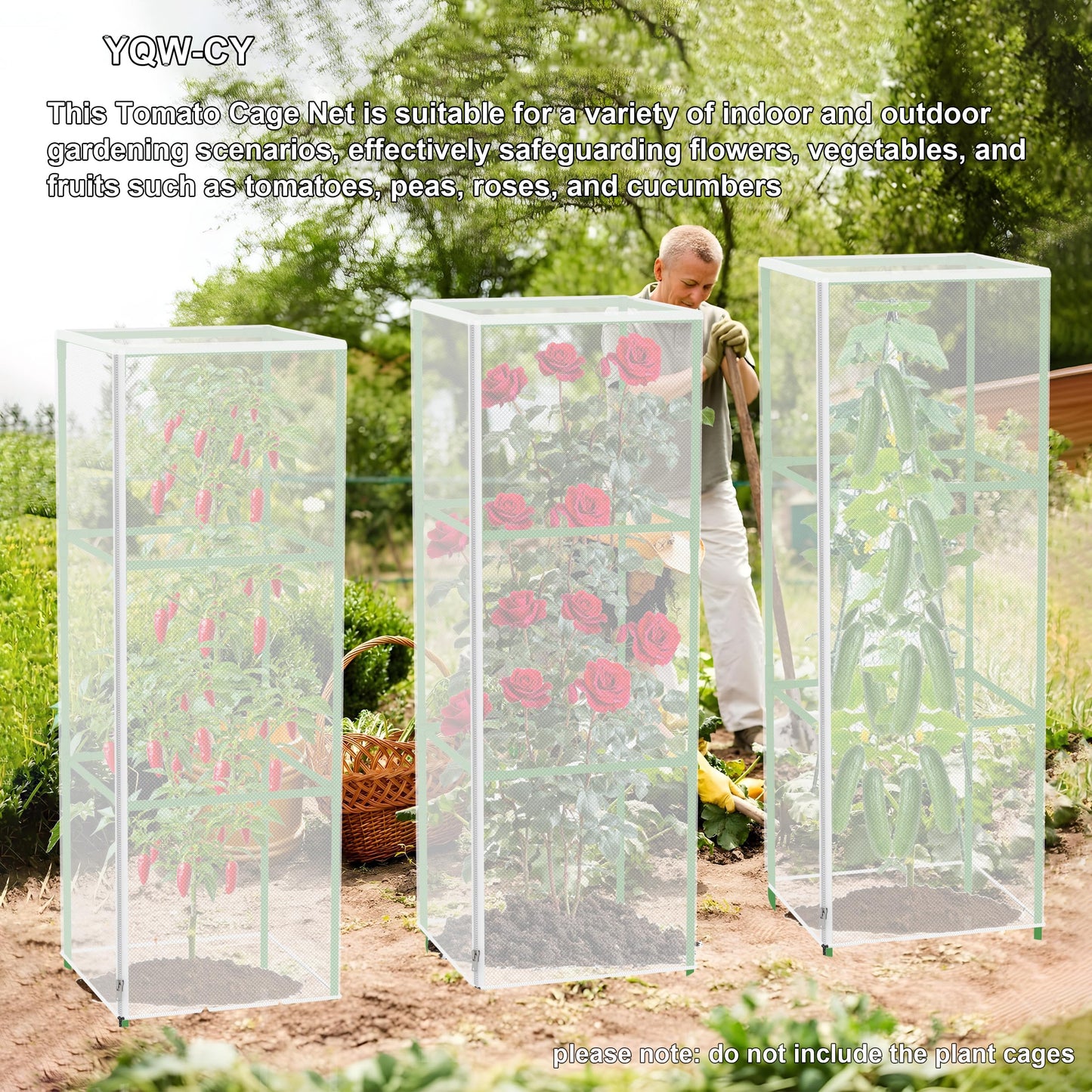 Garden Bird Netting Cover for Square Plant Cage, Plant Cover 59" x 17.7" Insect Tomato Cage Net with Zipper and Drawstring, Tomato Trellis Netting Protection Cover for Protecting Plant (6 Pack)