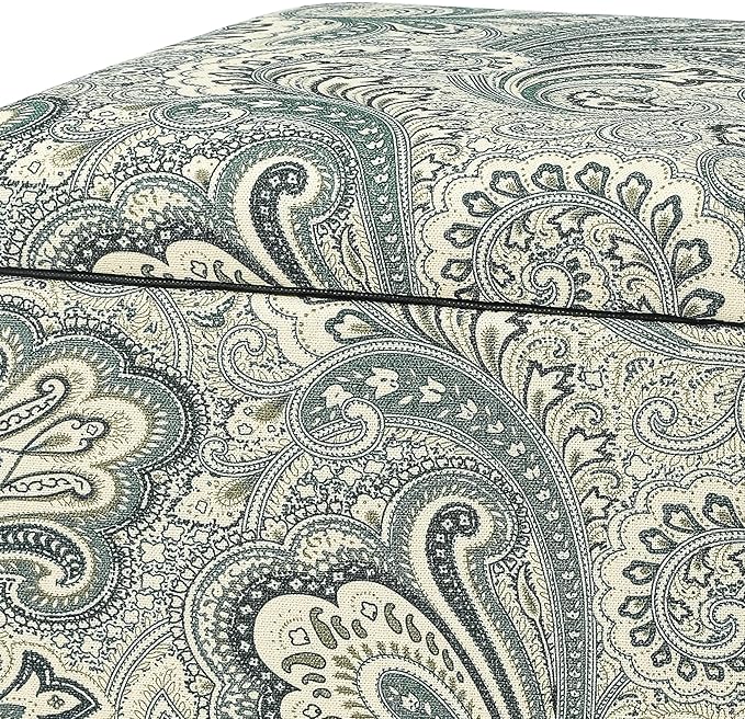 Adeco 18" Cube Storage Ottoman in Blue Paisley, Upholstered Linen Foot Stool &