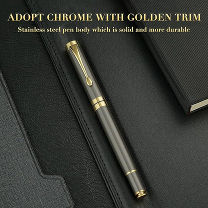 BEILUNER Ballpoint Pens, Stunning Grey Chrome Metal Pen with Golden Trim, Fancy Ball Pen Gift Set for Men & Women, Professional, Executive, Office,Journal Pens-Gift Box with 0.5mm Black Extra Refill