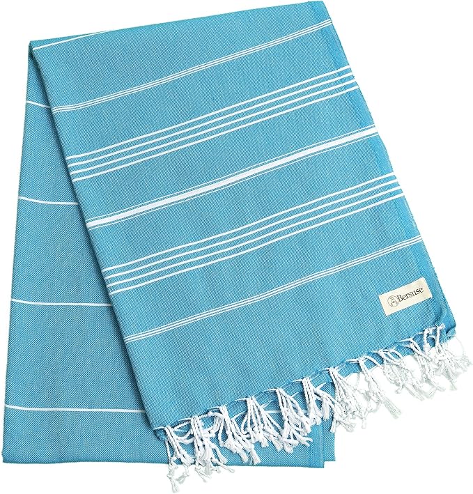 Bersuse Towels Anatolia XL Beach Blanket Throw Blanket Turkish Towel 100% Cotton Extra-Large Quick-Dry Lightweight Premium Peshtemal Towel - 61x82 Inches, Sea Blue (Set of 3)
