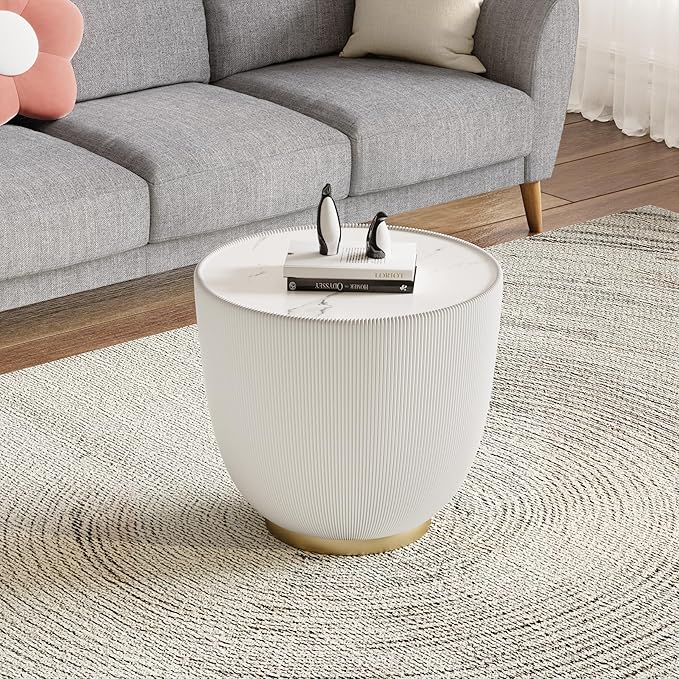 Henf Marble Round Side Table, 19.7" Fluted End Table