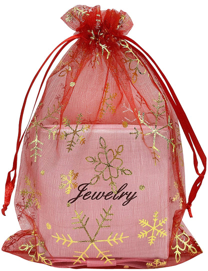 Jexila 100PCS Christmas Organza Bag 5''X7'' Red Snowflake Mesh Drawstring Jewelry Gift Bags for Xmas Wedding Party Favor Treat Bags