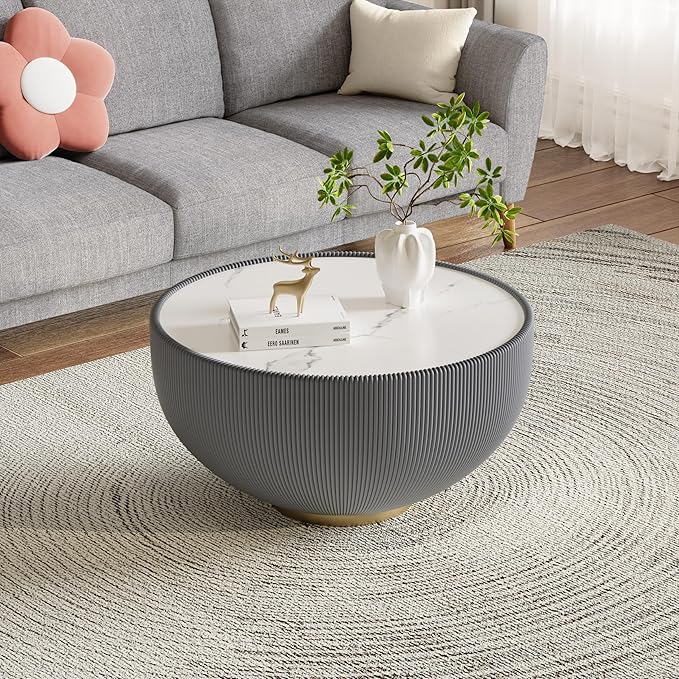 Round Marble Coffee Table Set of 2, 2 Piece White Coffee Table and End Table