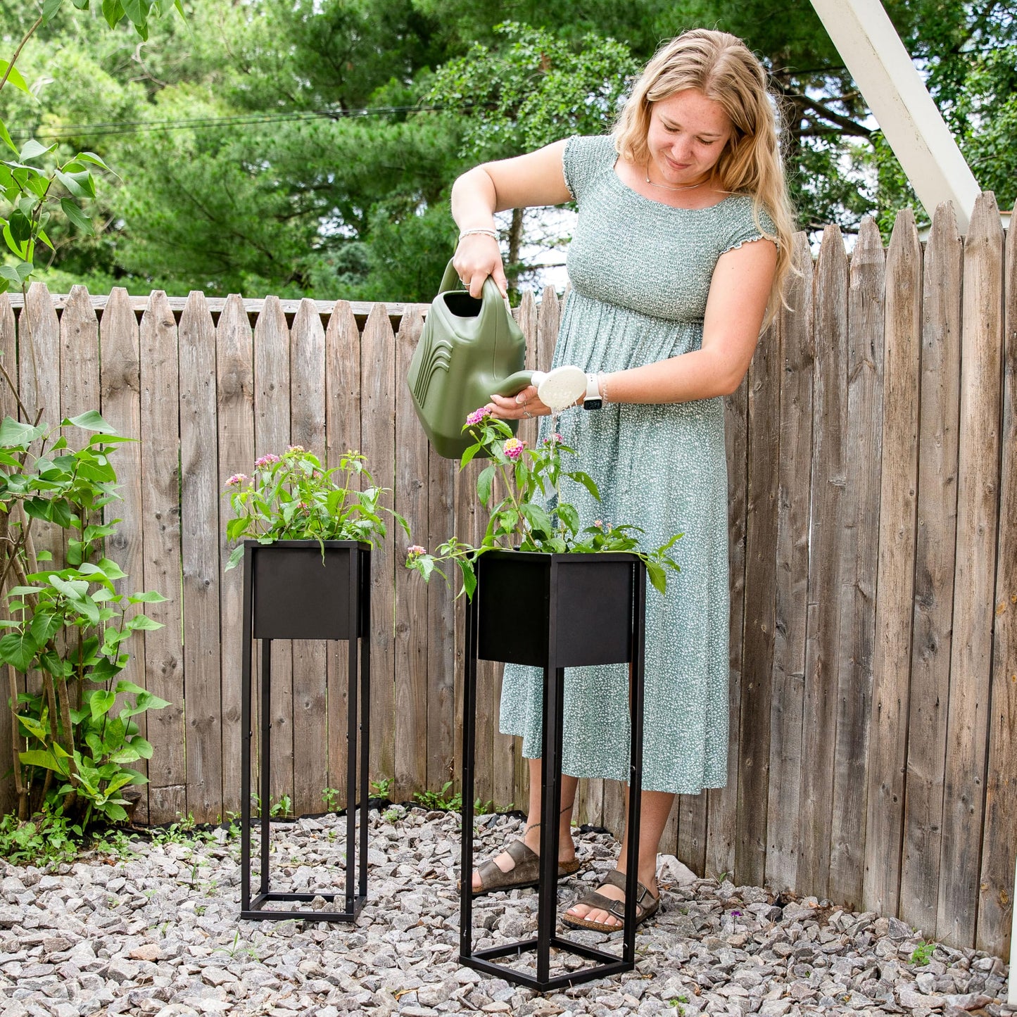 Sunnydaze Modern Simplicity 8.25" Square Metal Raised Planter Box with Legs - Set of 2 - Indoor or Outdoor Use - Black - 27" H