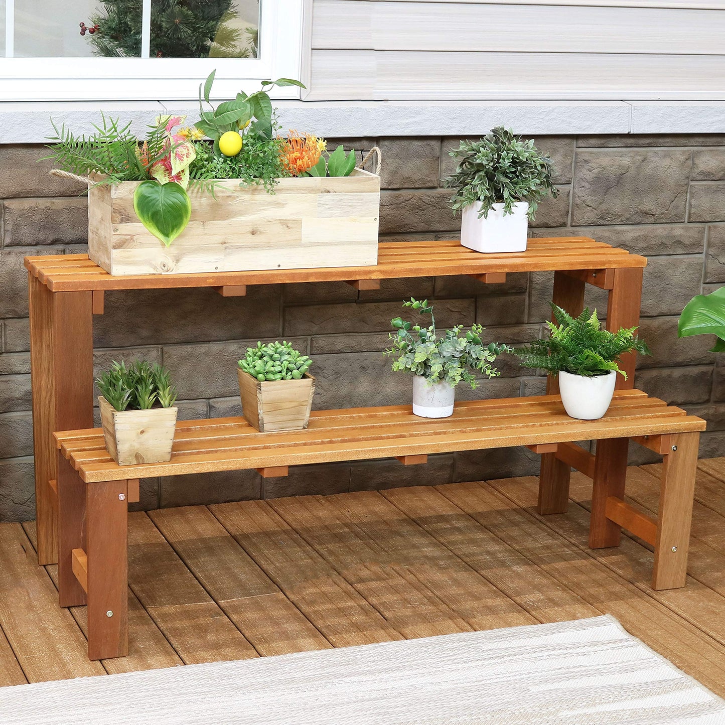 Sunnydaze 2-Tier Meranti Wood Plant Stand for Indoor and Outdoor Use - Garden Shelf with Teak Oil Finish for Patio, Porch, Balcony, and Living Room - Heavy Duty 100 lb Per Level Capacity - 47 in