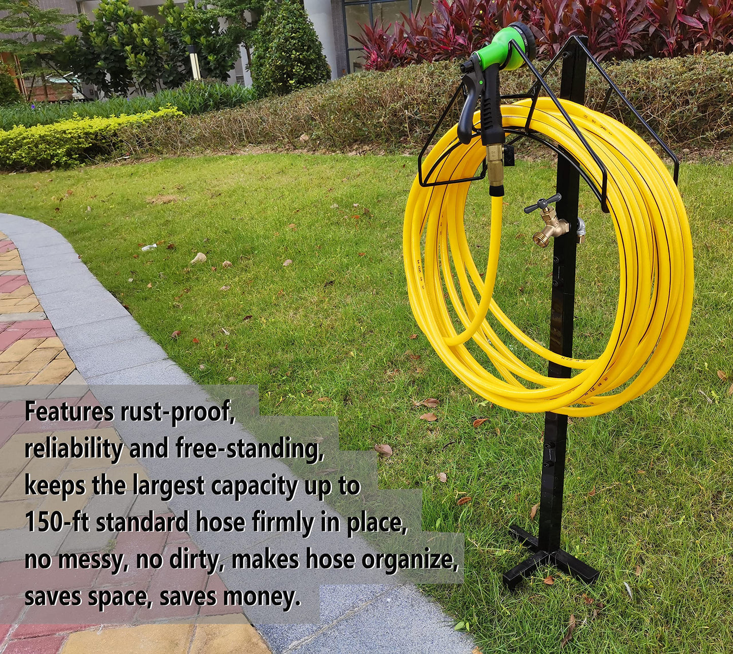 Artigarden Freestanding Outdoor Garden Hose Holder Stand with Brass Faucet, Heavy Duty Metal Water Hose Reel Storage Stake Rack for Backyard, Black (Hose not Included)
