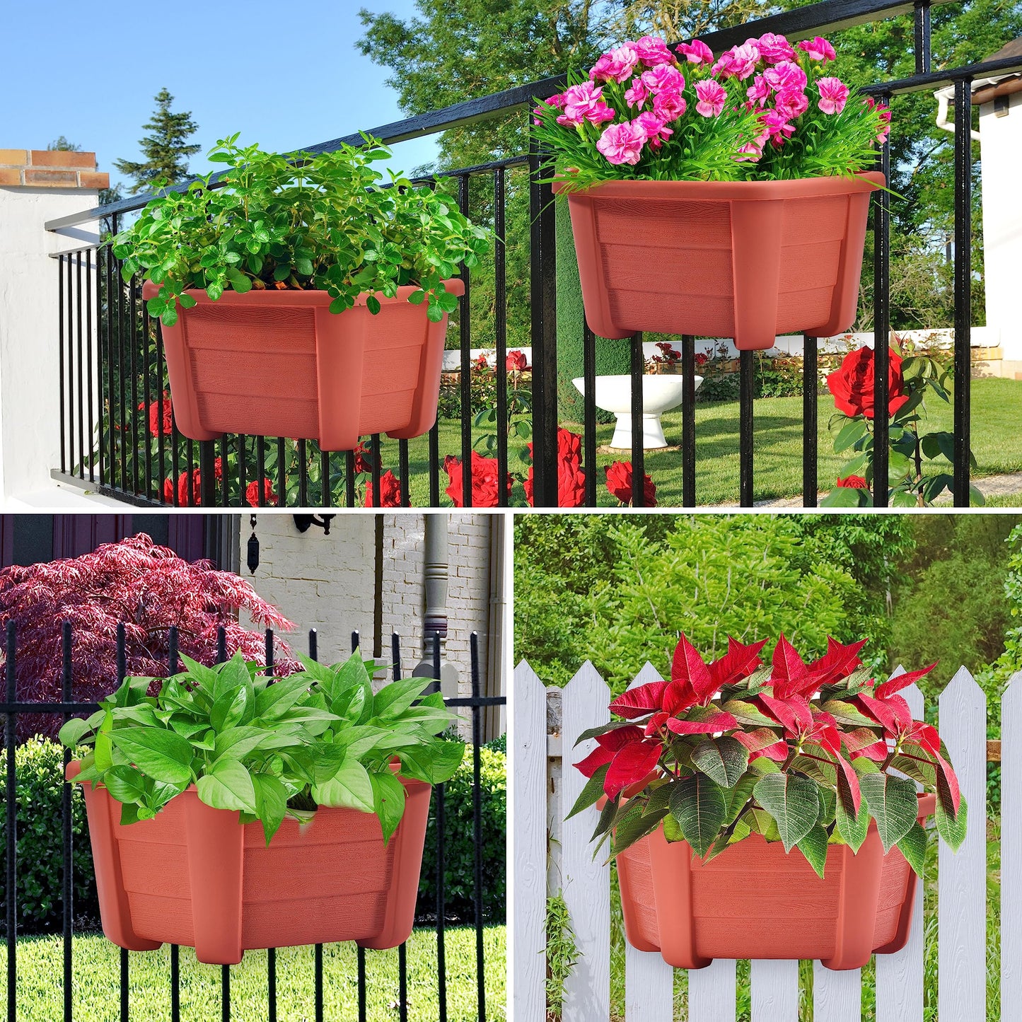 ORIMERC 9.8 inch 3 Pack Brick Red Wall Hanging Planters for Indoor Outdoor Plants Hanging Plant Holder with Drainage Hole Fence Balcony Planters Railing Hanging Pot Plant Wall Mount Decor with Hooks