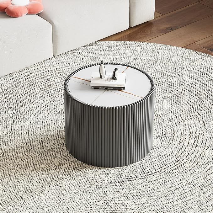 SSLine Round Drum Coffee Table Modern Sintered Stone Top Side End Table in Grey