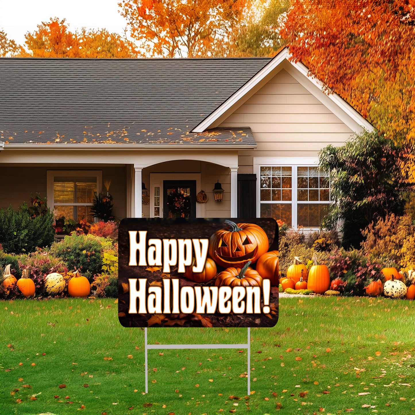 Large Happy Halloween Yard Sign Home Outdoor Lawn Decoration With Stakes Full Moon Bats Scary Spooky Decor 17x13 Inch