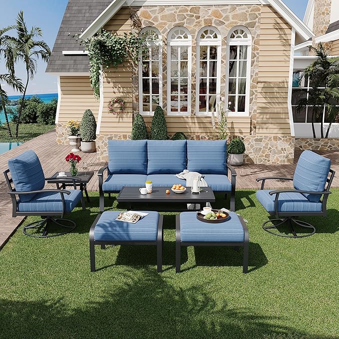 HOMREST Patio Furniture Sets 7 PCS Outdoor Metal Conversation Sets, 360 Degree