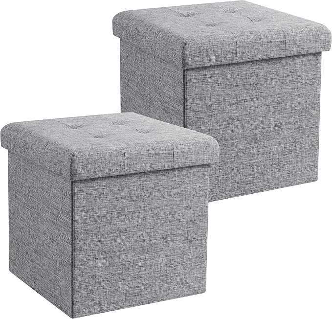 Ornavo Home 2 Pack 15 Inch Folding Storage Ottoman, Square Cube Linen Small