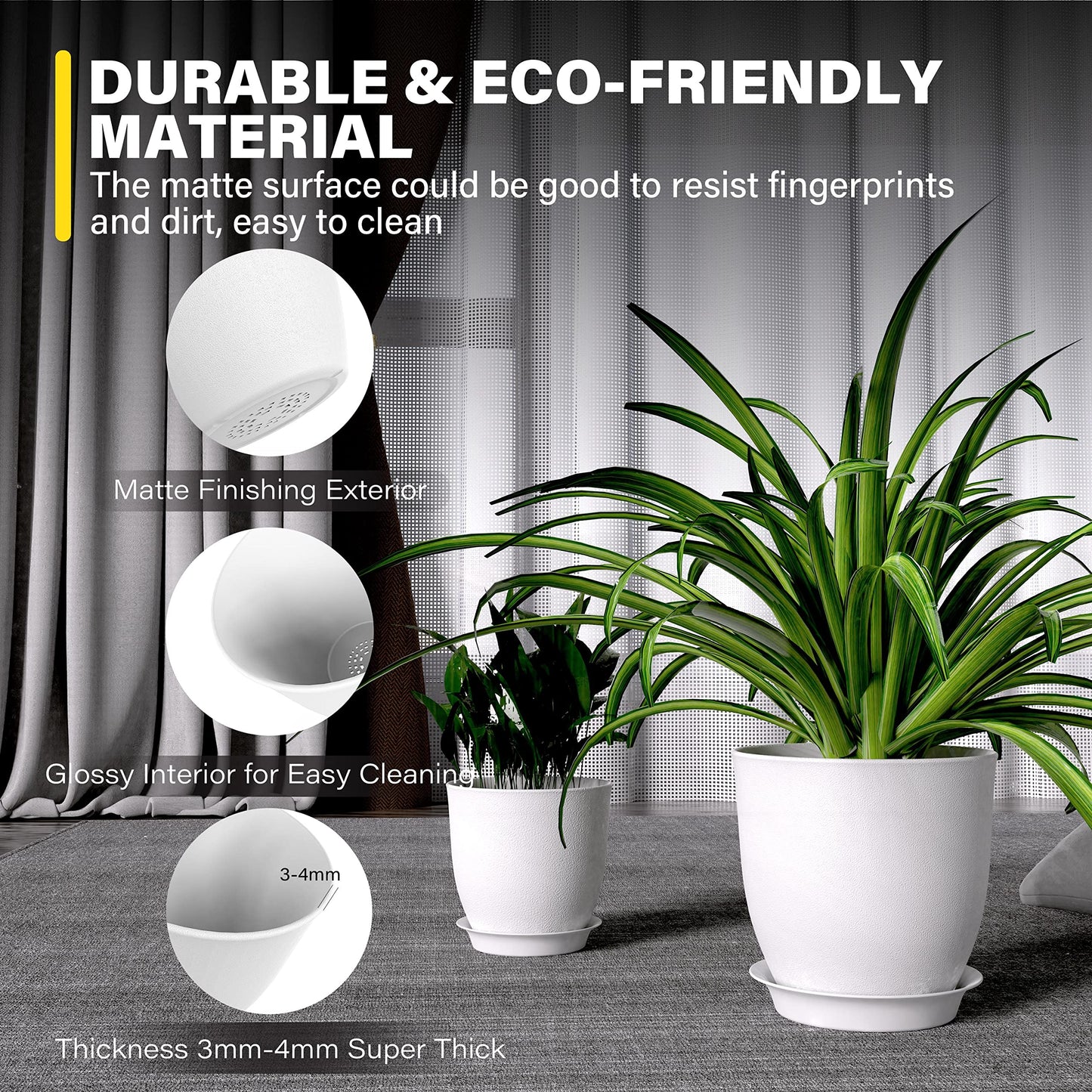 iPower 5 PCS Set Plant Pots Indoor 4.5-7.1 Inch Plastic Plant Pot with Drainage and Tray for All House Plants Like Succulents, Flowers, Cactus or Seedling, White