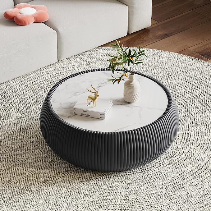 27.55" Round Marble Coffee Table, Modern Fluted Coffee Table