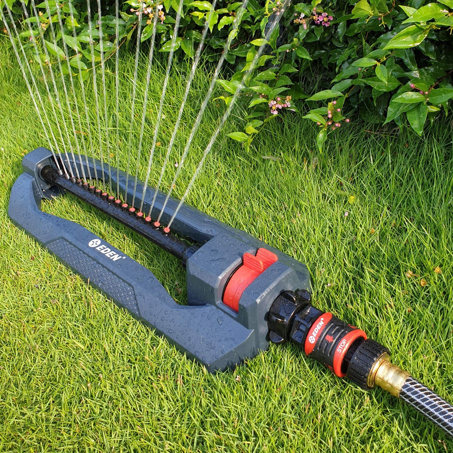 Eden 96213 Essential Turbo Oscillating Water Sprinkler,Covers Up to 3,600 sq. ft.,16 Nozzles,Weighted Base,Adjustable Range,Quick Connect Bundle,Dark Grey,Red,Silver,(Pack of 12)