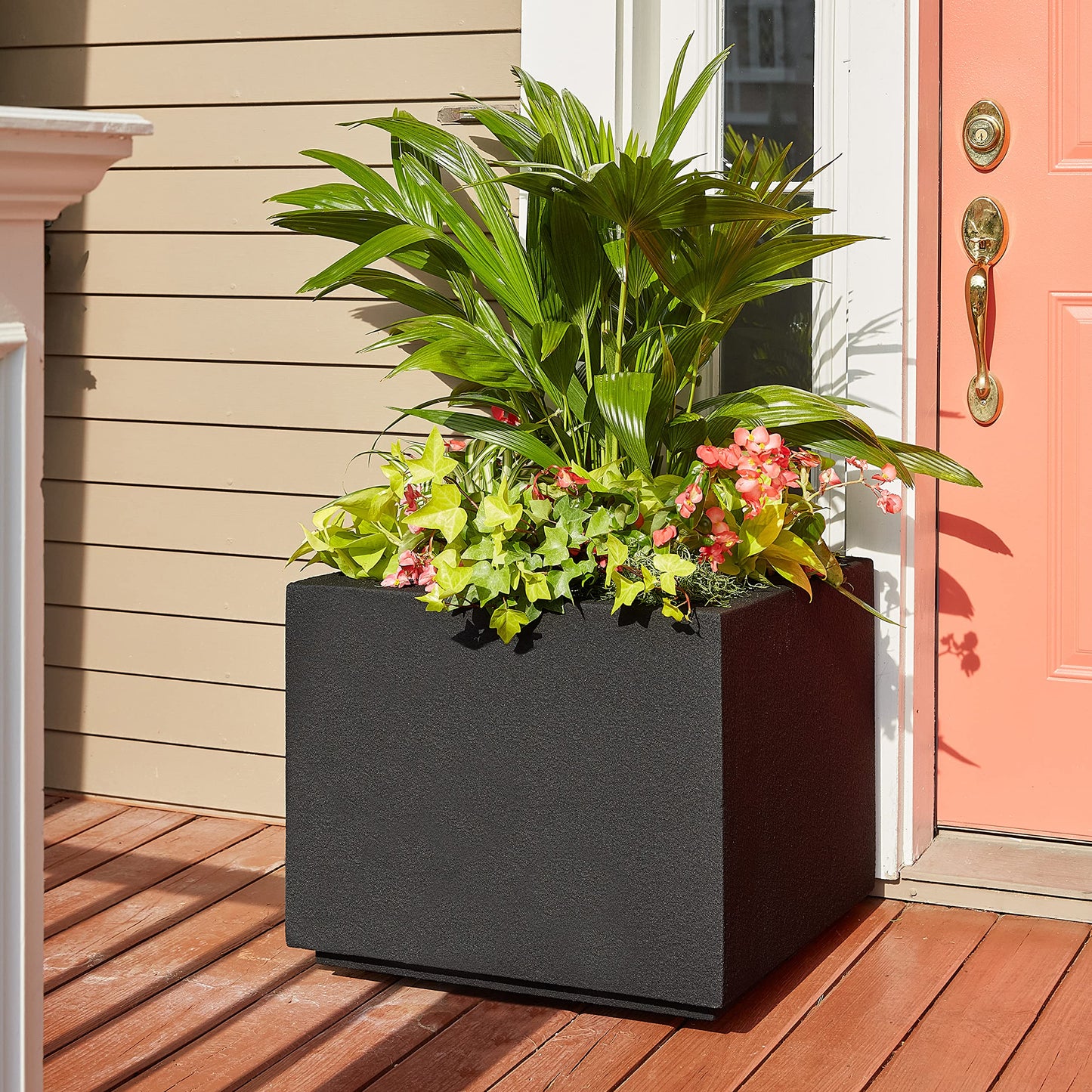 PolyStone Monterray Modern Outdoor/Indoor Square Planter - 23" x 23" x 19" H - Lightweight Weather Resistant Stone-Look Resin Planter - Commercial & Residential - Black