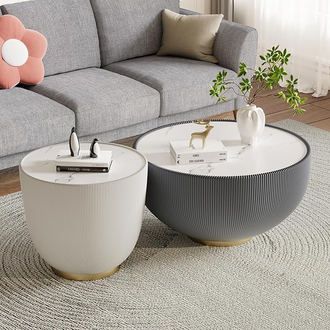 Round Marble Coffee Table 27.56" Bucket Shaped Fluted Coffee Table