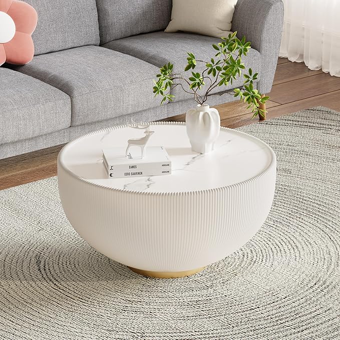 SSLine Bowl-Shape Coffee Table Modern Sintered Stone Top Coffee Table in Cream