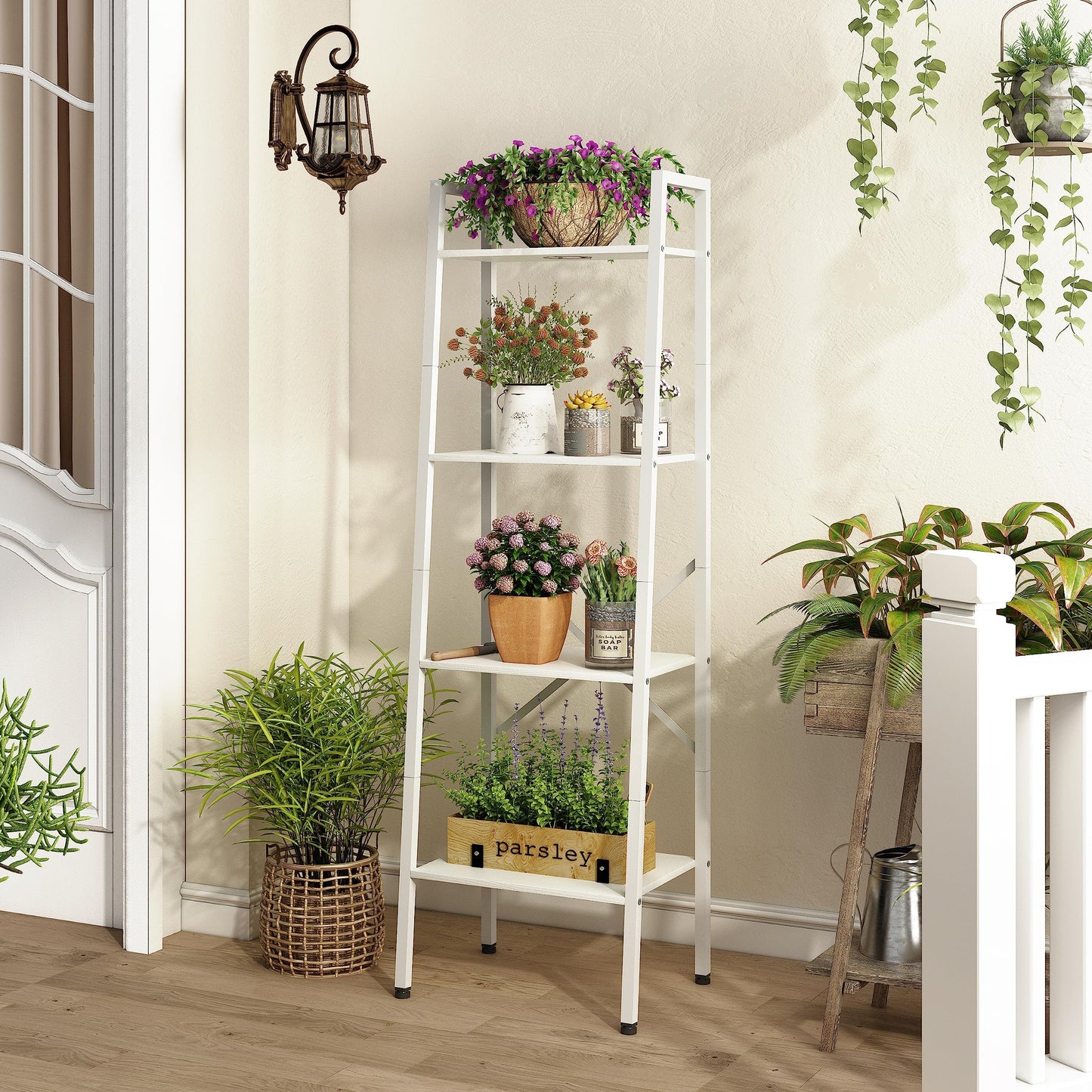 Hoctieon 4-Tier Industrial Ladder Bookshelf, Narrow Ladder Shelf, Tall Standing Bookshelf, Skinny Open Ladder Shelf, for Living Room, Home Office, Kitchen, Bedroom, Metal Frame, White